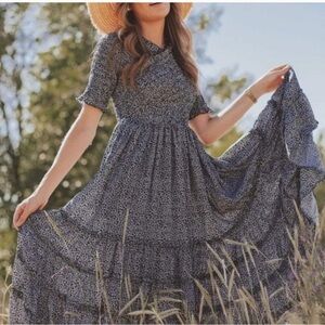 Women's Blue Floral Tiered Maxi Dress